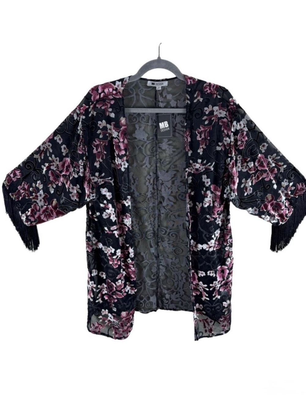 MB Design NWT‎ Floral Velvet Fringe Open Blouse Small